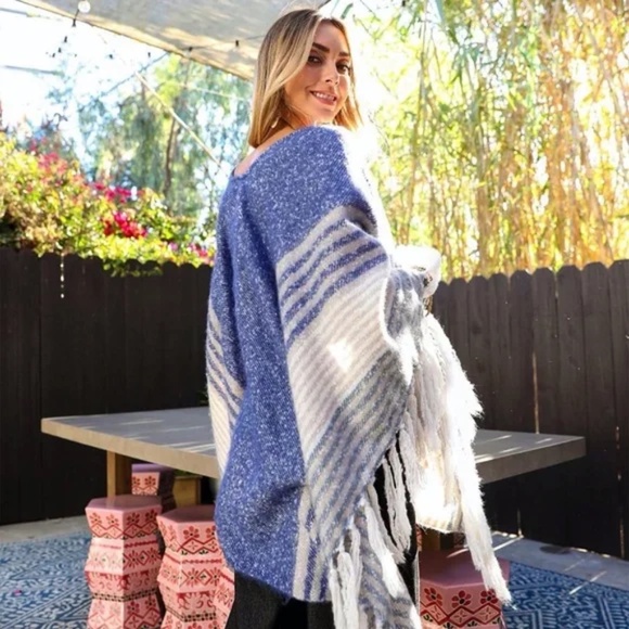 Sweaters - Blue Faux Mohair Striped Knit Border Tassel Trim Bohemian Winter Ruana Wrap